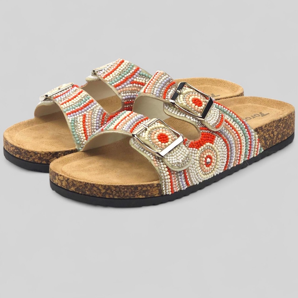 Torotto Beaded Cork Footbed Sandals Womens EU 40 US 9 Boho Tribal Slides